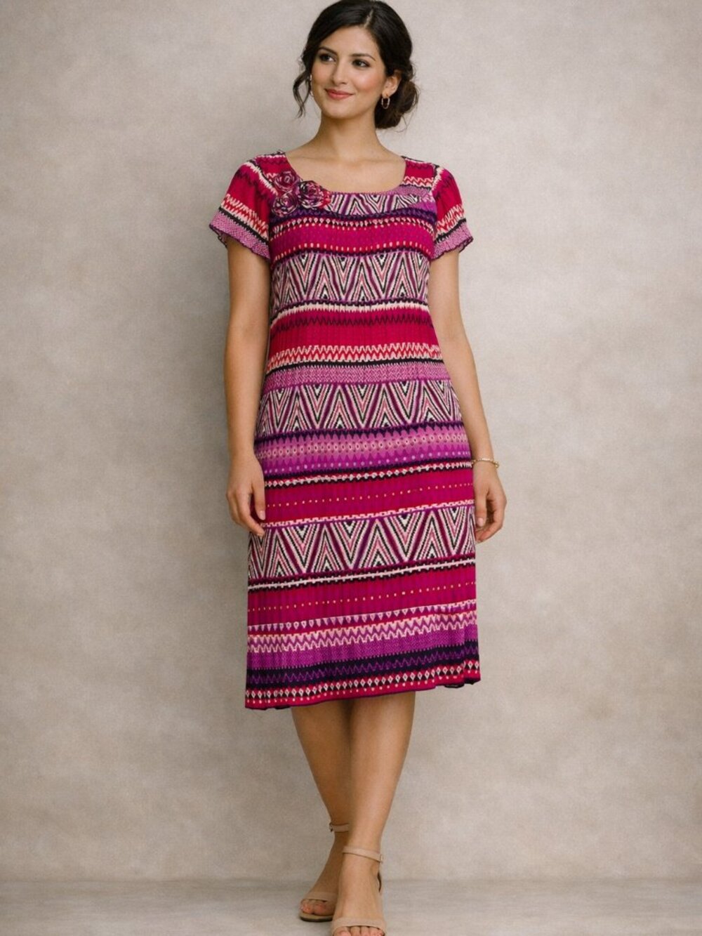 New Directions Pleated Tribal Print Short Sleeve Dress with Rosette Size 12P